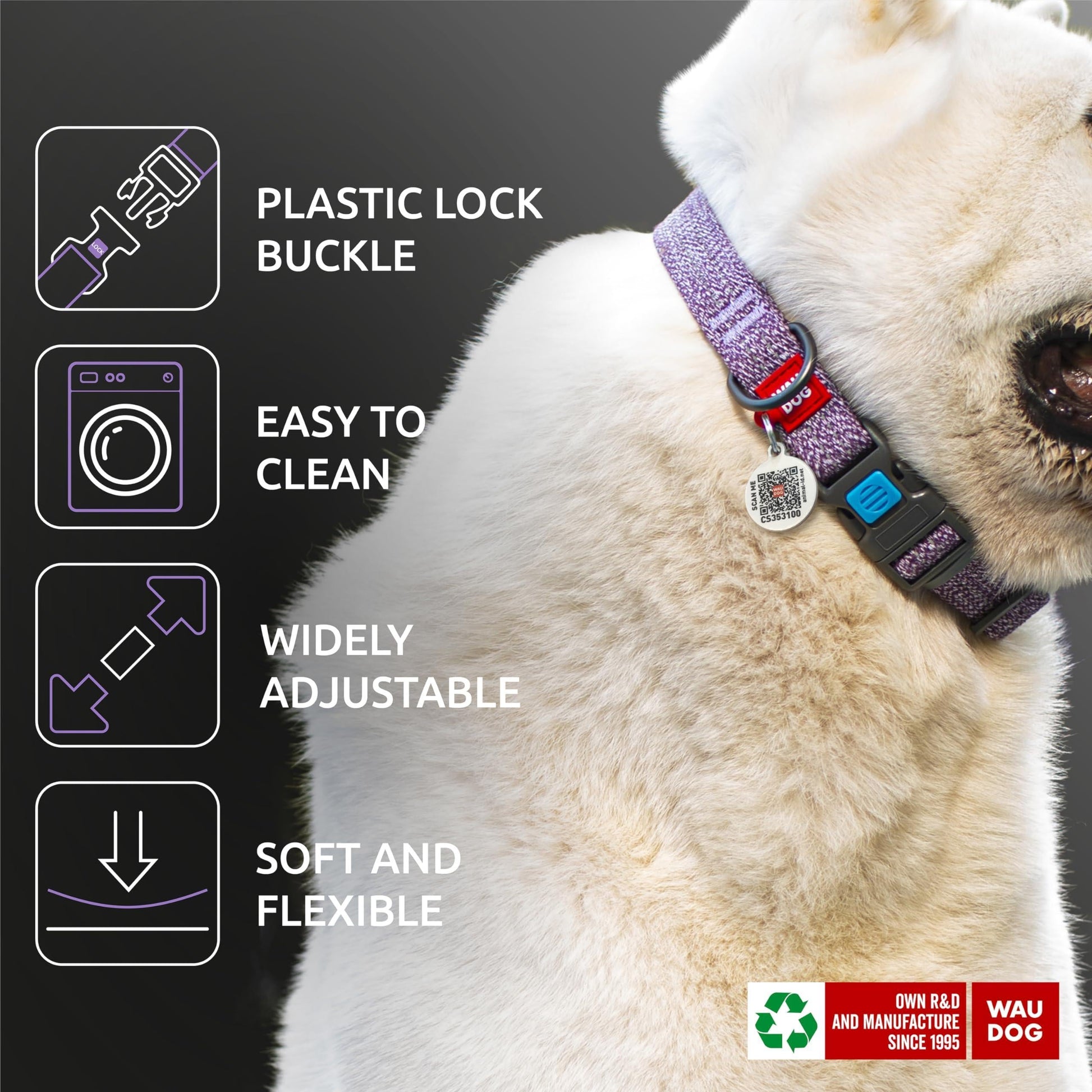 WAUDOG Reflective Cotton Dog Collar Eco Friendly Alt to Nylon Collar for Small Medium and Large Dogs Pet Collar with QR ID Tag Puppy Collar for Large Breed Dogs Adjustable Male Female Dog Collar